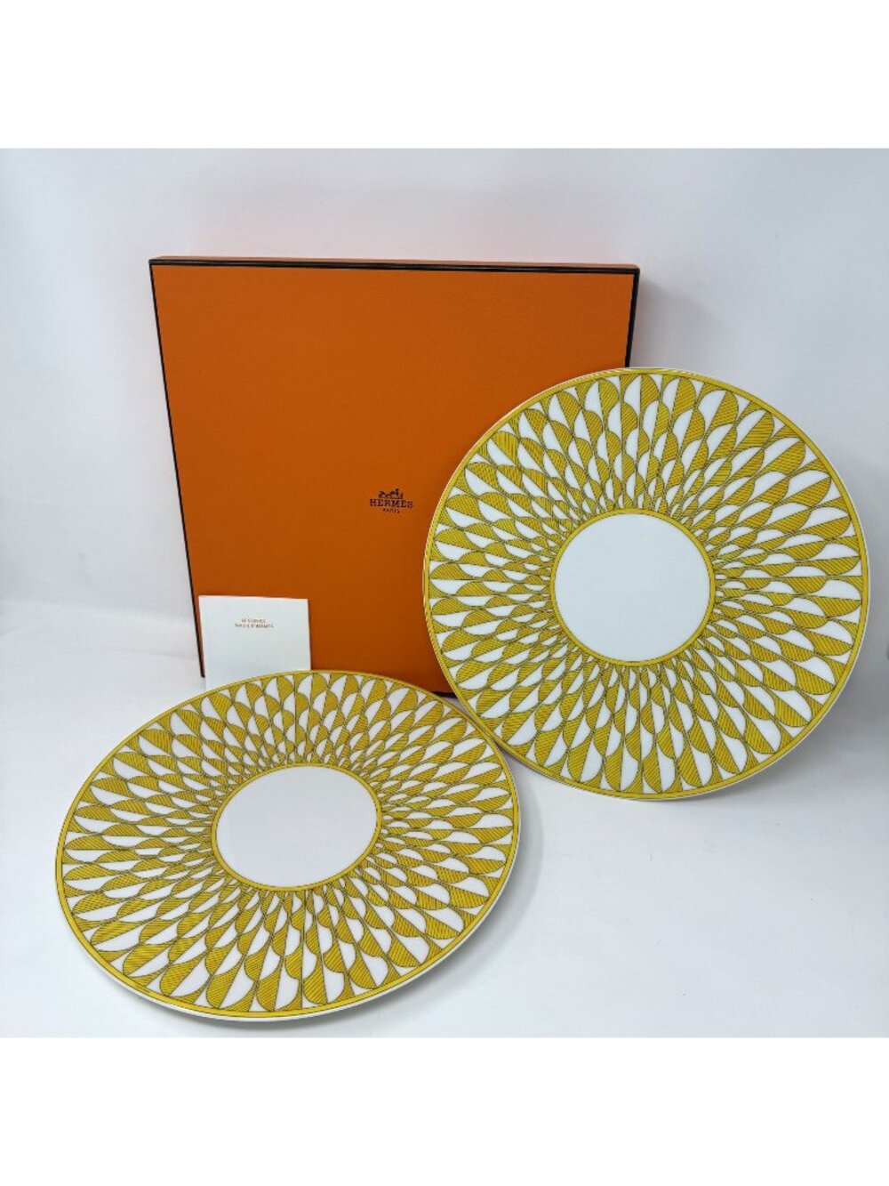 Hermes Yellow and White Porcelain Soleil d’Hermès Set of 2  Dinner Plates